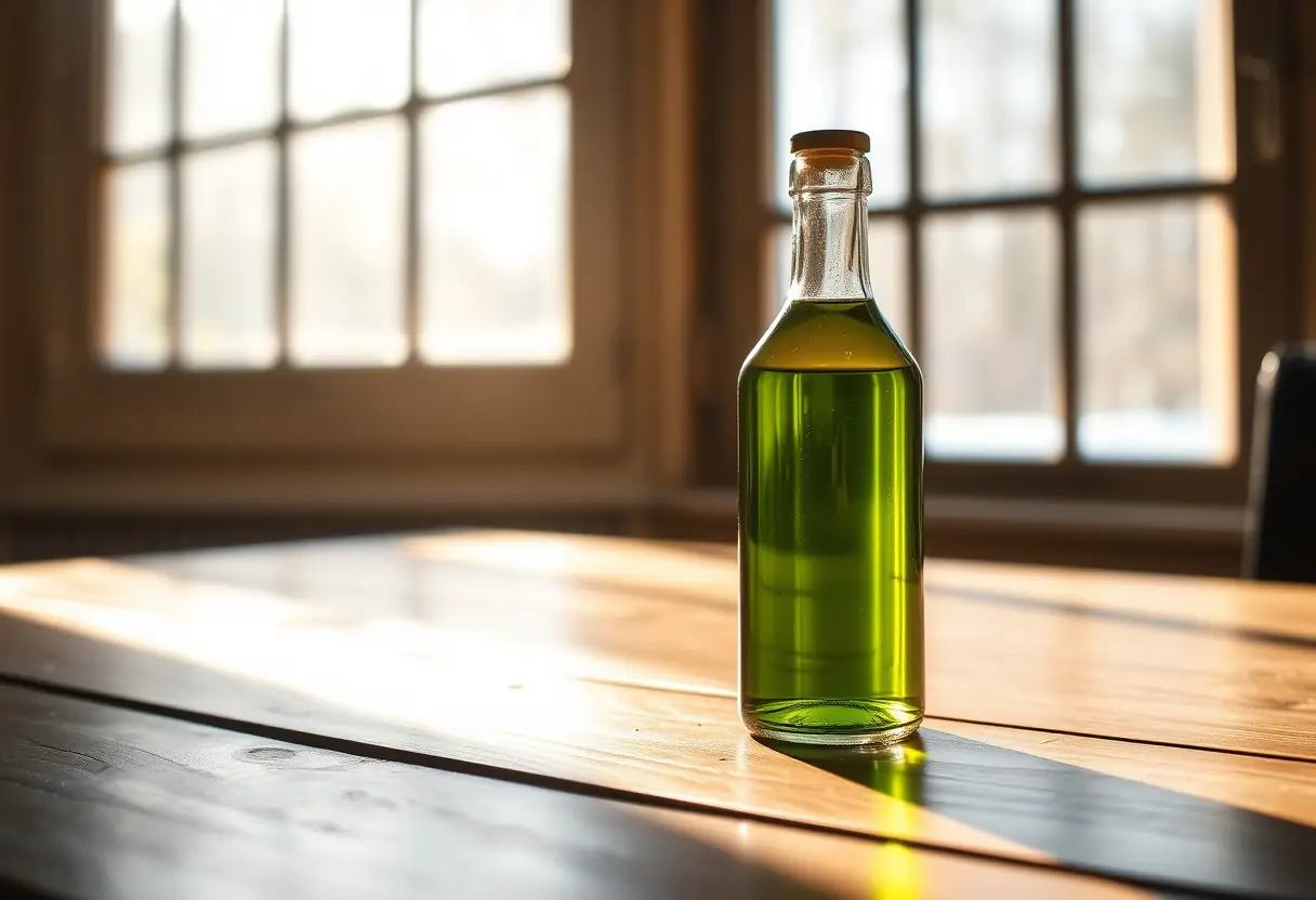 Une bouteille en verre contenant de l'huile verte sur une table près d'une fenêtre