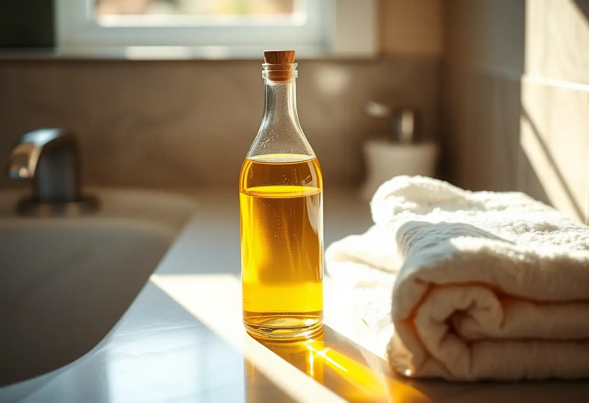 Une bouteille de verre remplie d'huile dorée sur une tablette de toilette, illustrant les soins naturels pour la poitrine