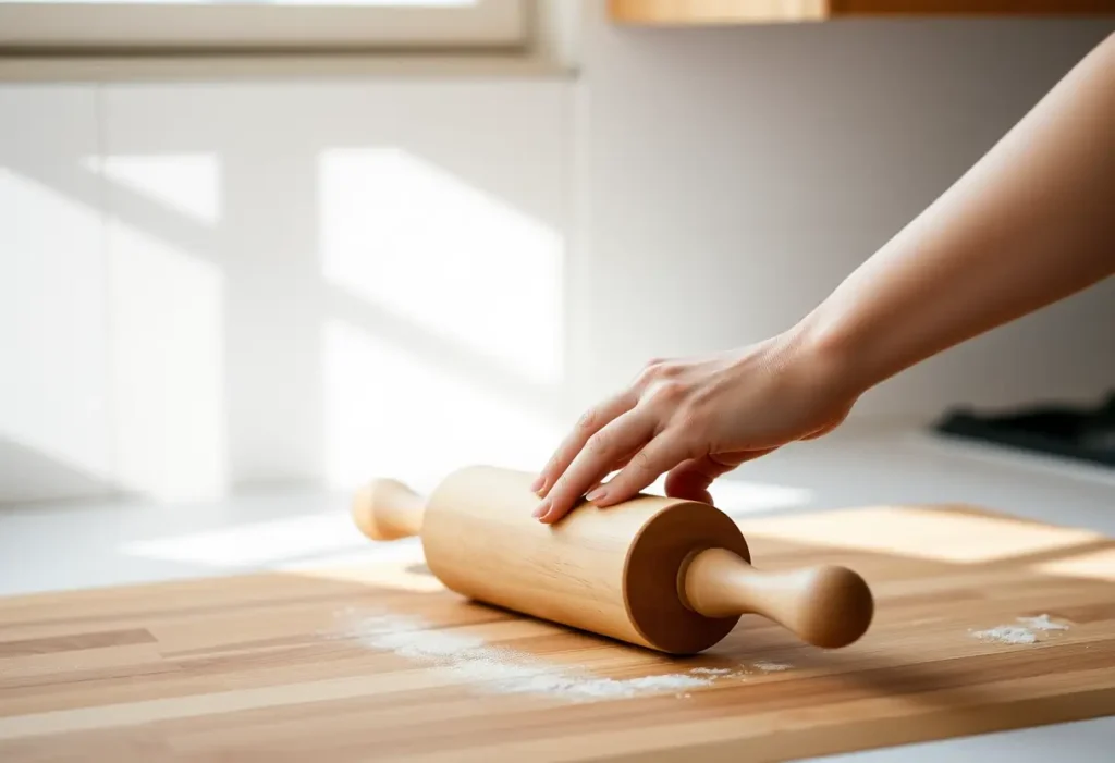 Main de femme tenant un rouleau en bois dans une cuisine