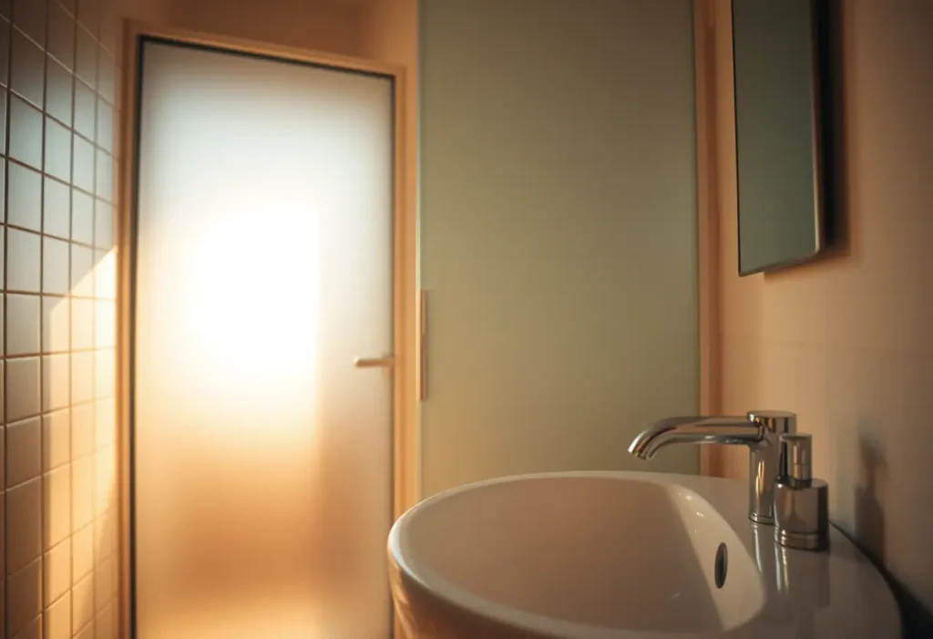 Une salle de bain avec une porte en verre laqué, légèrement embuée par la vapeur, un lavabo en porcelaine blanche au premier plan