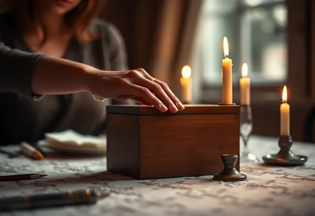 Une main féminine pose délicatement une boîte en bois sur une table, évoquant l'intimité et l'attention mutuelle.