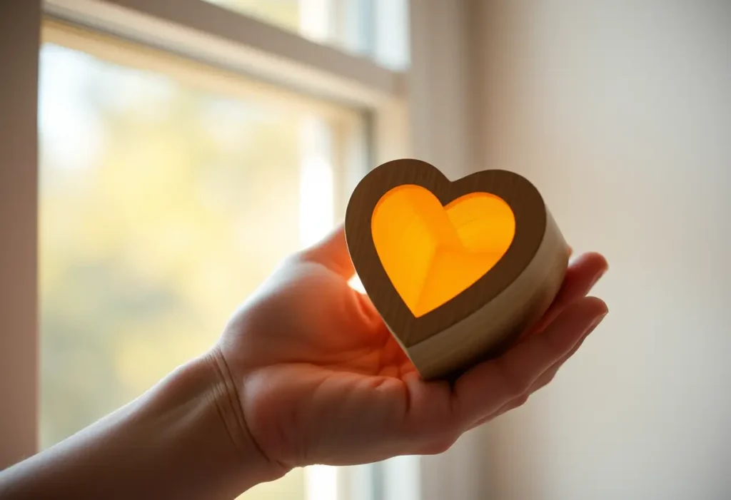 Une main tenant une boîte en bois simple avec un cœur
