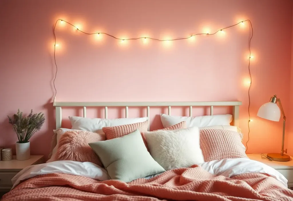 Un lit garni d'oreillers moelleux dans une chambre aux murs roses, éclairée par des guirlandes lumineuses, crée une ambiance romantique