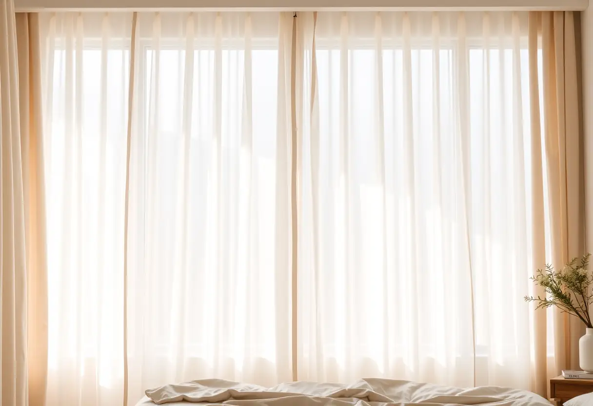 Une fenêtre partiellement voilée par un rideau transparent beige, laissant filtrer une lumière tamisée, protège la vie privée tout en créant une atmosphère romantique