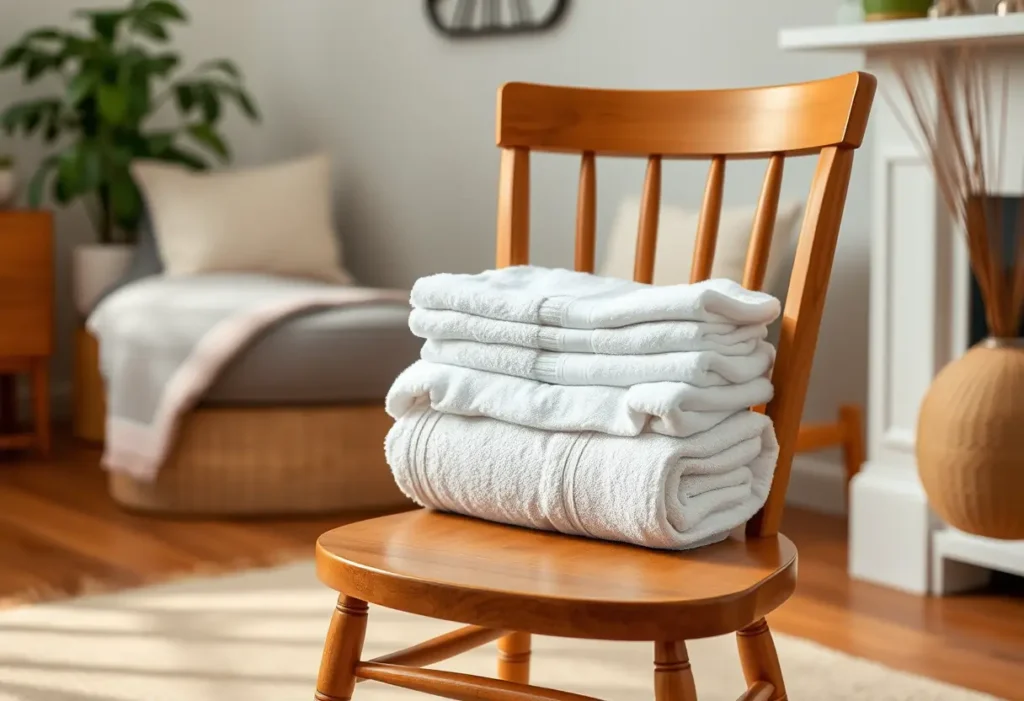Un fauteuil en bois dans un salon accueillant, avec des serviettes en coton pliées soigneusement sur son siège.