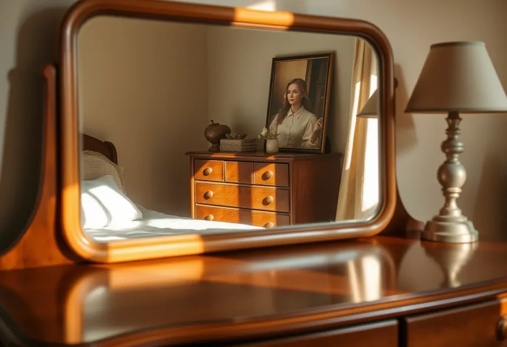 Miroir reflétant une commode en bois dans une chambre accueillante, lumière naturelle douce