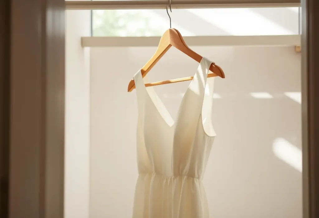 Un cintre en bois dans un placard avec une robe pliée, éclairée par la lumière naturelle.