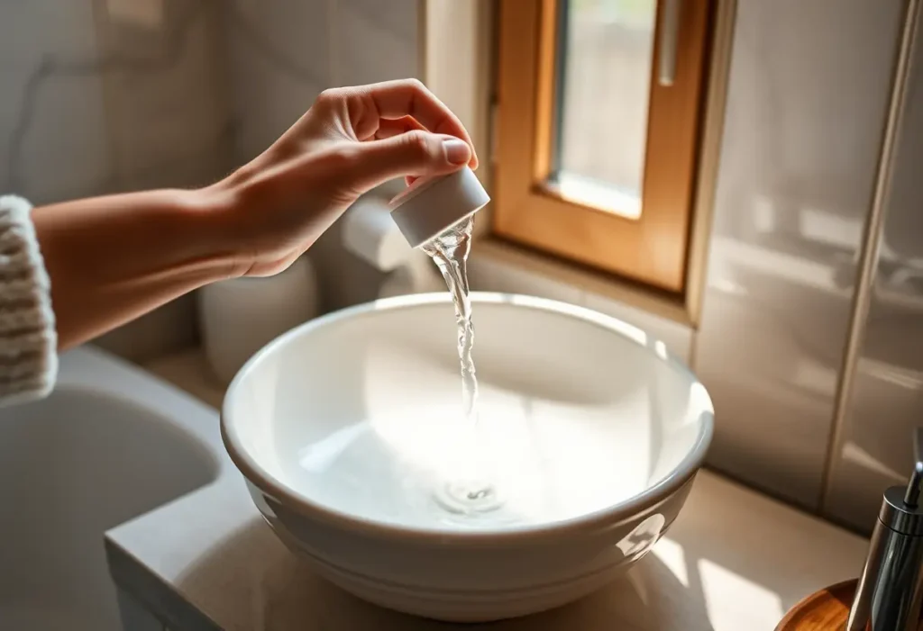 Une main verse de l'eau chaude dans un bassin en céramique, lumière douce