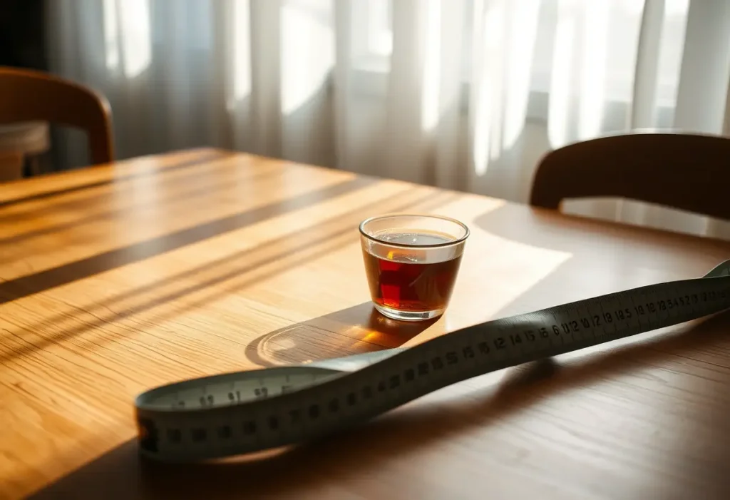 Un mètre ruban posé sur une table de cuisine, près d'une tasse de thé fumante.