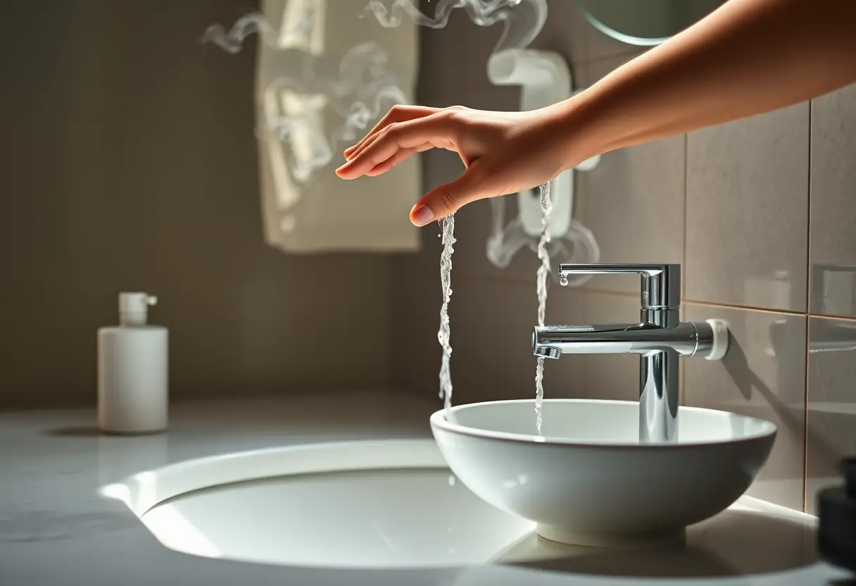 Évier de la salle de bains avec mains sous l'eau, préparation pour l'examen
