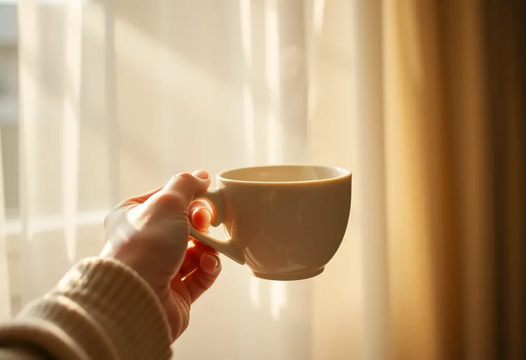Une main tenant une tasse de thé le matin, la lumière du soleil filtre à travers les rideaux, créant une atmosphère chaude et accueillante