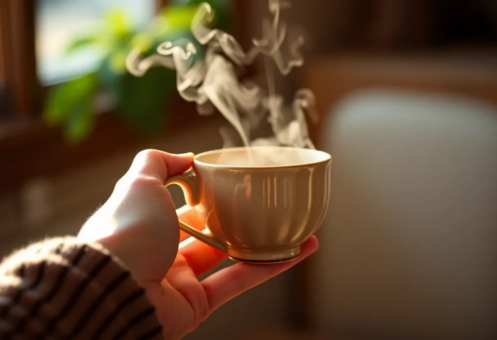 Une main tenant une tasse de céramique, chaude et accueillante, rappelant la douceur des moments partagés