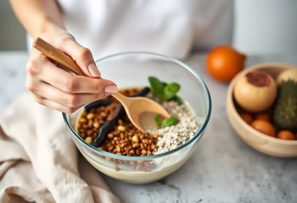 Une main féminine pose délicatement une cuillère en bois dans un bol de smoothie sain, symbole d'une alimentation équilibrée