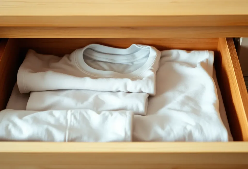 Un tiroir de commode ouvert révélant des tee-shirts pliés avec soin