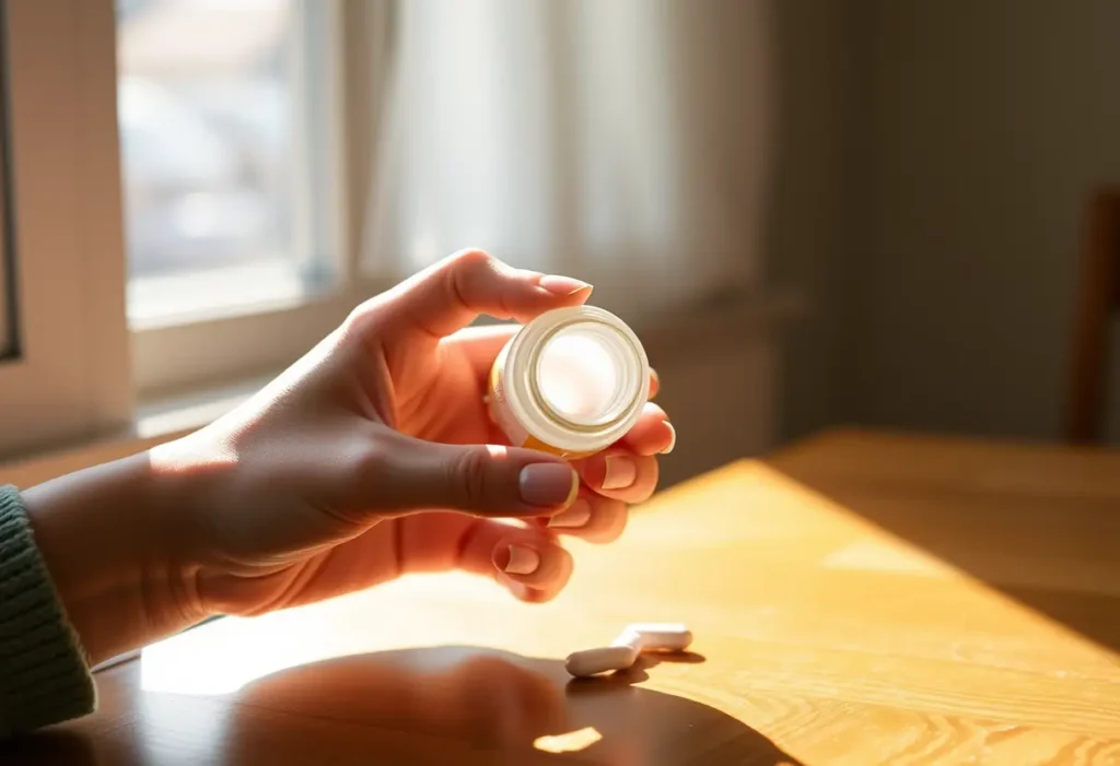 Une main posée sur une petite bouteille de comprimés sur une table en bois, éclairée par la lumière du jour.