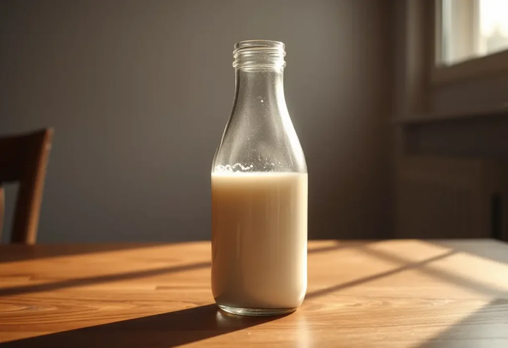 Une bouteille en verre remplie de lait sur une table en bois, éclairée par la lumière du jour