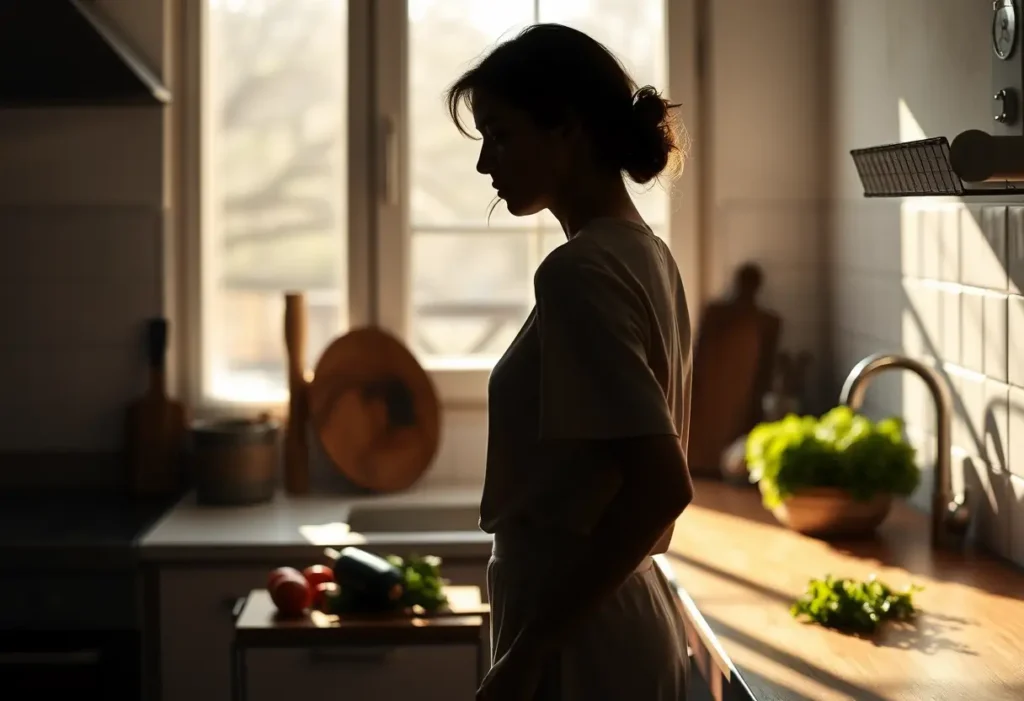 Femme en silhouette dans une cuisine baignée de lumière naturelle, tenant un plan de travail en bois chargé de légumes frais