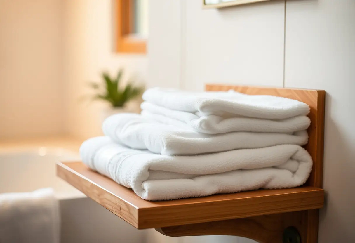 Étagère avec des serviettes blanches pliées dans une salle de bain accueillante