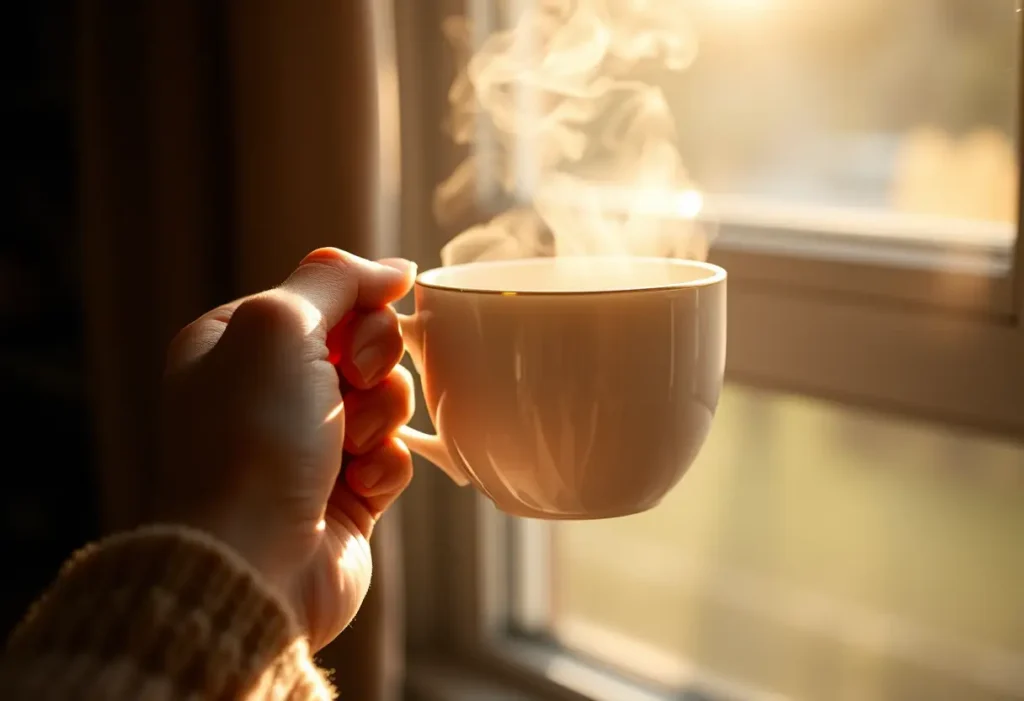 Une main féminine tient une tasse de thé chaud, éclairée par la lumière du jour.