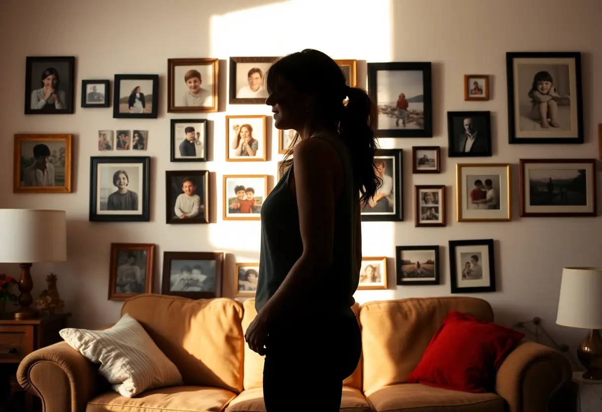 Un profil de femme se découpe contre un mur orné de photos, dans un salon chaleureusement éclairé.