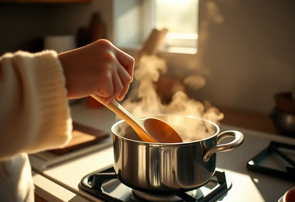 Main : Une main féminine tient délicatement une cuillère en bois au-dessus d'une casserole bouillante, évoquant bien-être et confort.