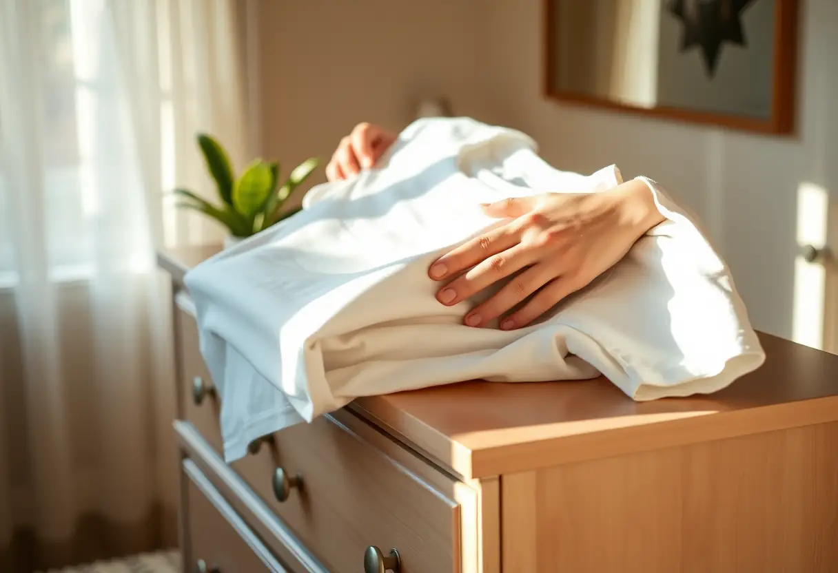 Une personne range ses vêtements dans sa chambre, la lumière du matin réchauffe l'ambiance.