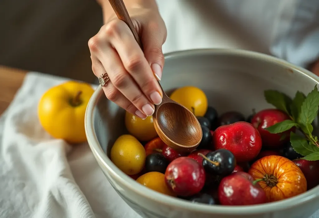 Une main posant délicatement une cuillère en bois dans un bol en céramique rempli de fruits, symbole de soin et d'auto-acceptation.