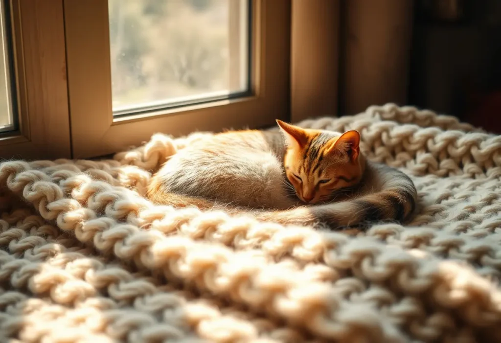 Un chat endormi sur un tapis en laine, baigné de lumière naturelle, symbolisant le réconfort et la sécurité