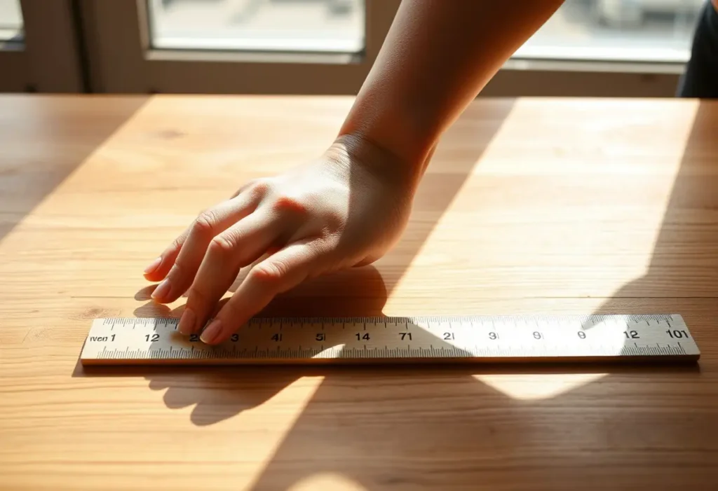 Une main féminine tenant un règle en bois sur un bureau, éclairée par la lumière du jour