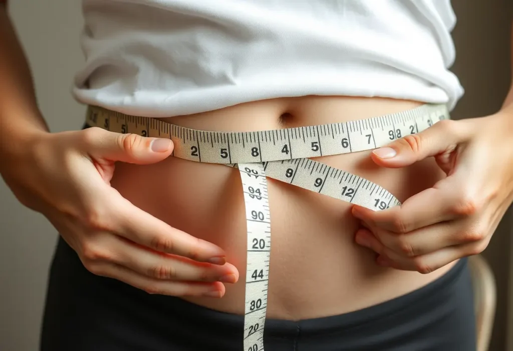 Des mains mesurent soigneusement la taille avec un ruban à mesurer doux, mettant en valeur l'importance des mesures précises pour identifier sa morphologie