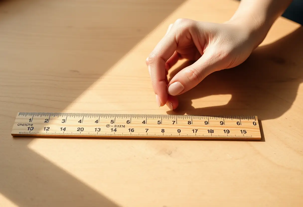 Une main féminine trace délicatement les contours d'un règle en bois sur un bureau simple, soulignant l'importance des mesures précises pour comprendre sa morphologie.