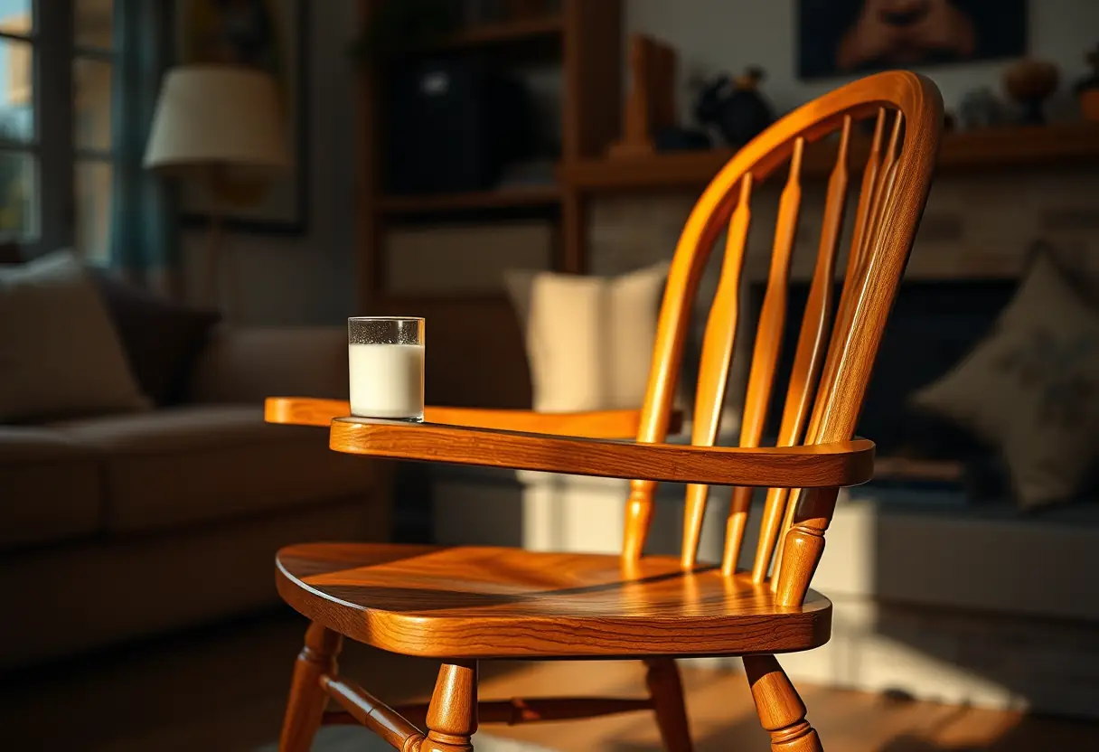 Un fauteuil en bois dans un salon accueillant, avec une tasse de lait posée sur son bras, éclairé par une lumière tamisée