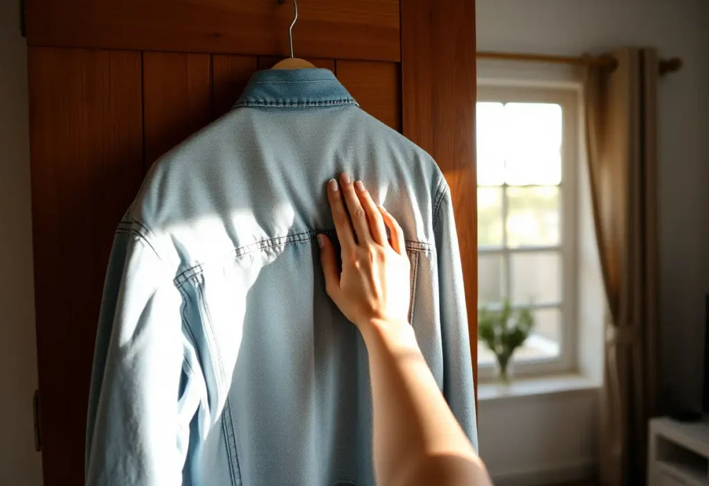Une main féminine lisser une ride sur un blouson en jean dans un salon accueillant.