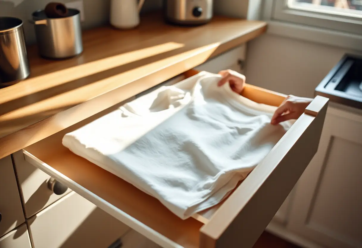 Des mains pliant un tee-shirt en coton dans un tiroir, dans une cuisine matinale.