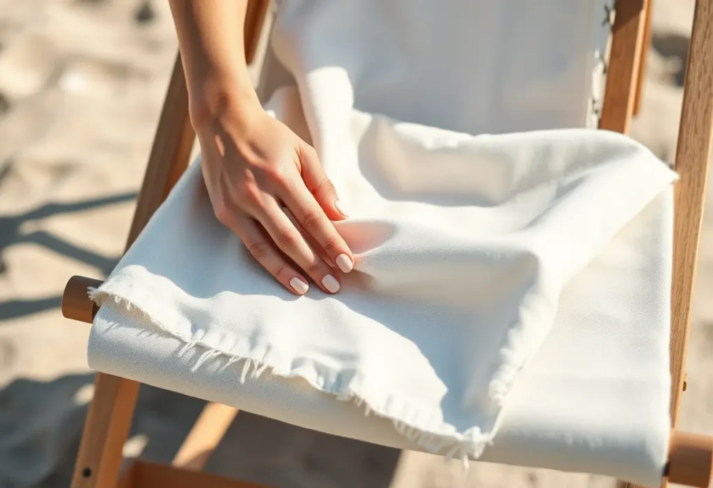Une main féminine étale doucement un bout de tissu carré sur une chaise de plage