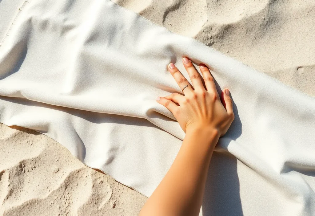 Main focus sur une main lisser un tissu sur une serviette de plage