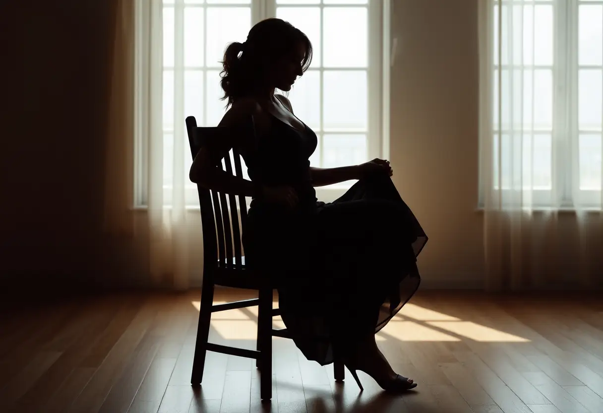 Silhouette d'une femme ajustant sa jupe sur une chaise en bois, lumière naturelle