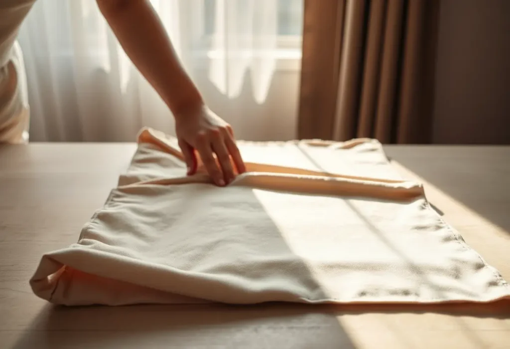 Une main féminine lisse un tissu rectangulaire sur une table, valorisant la silhouette