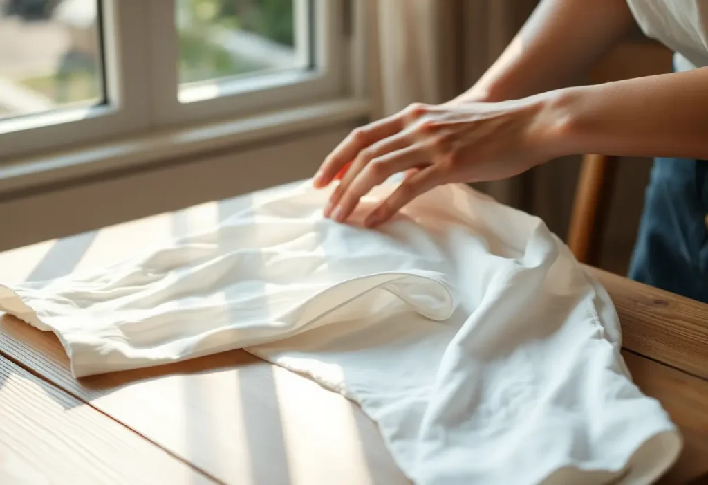 Main: Une main féminine ajustant doucement une chemise en coton