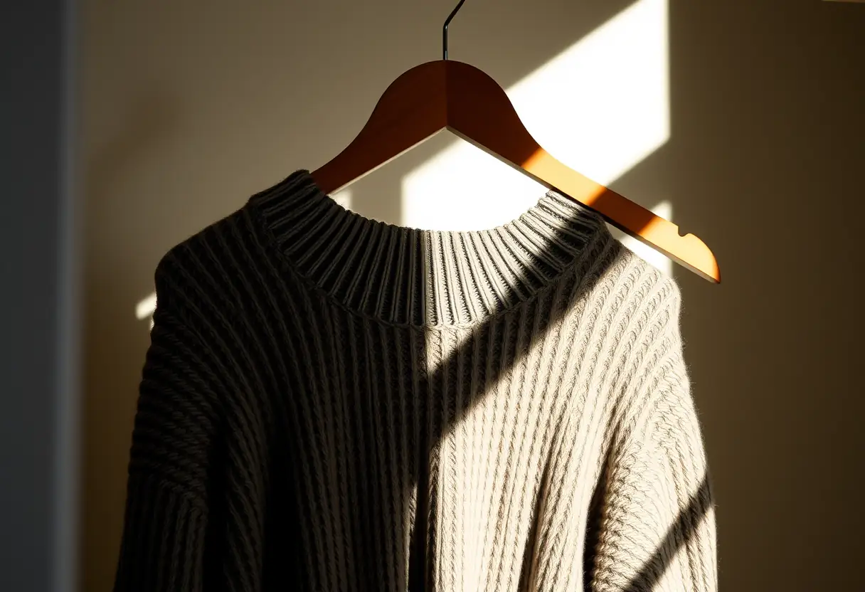 Texte alternatif: Un étagère lumineuse contenant un pull en laine soigneusement plié