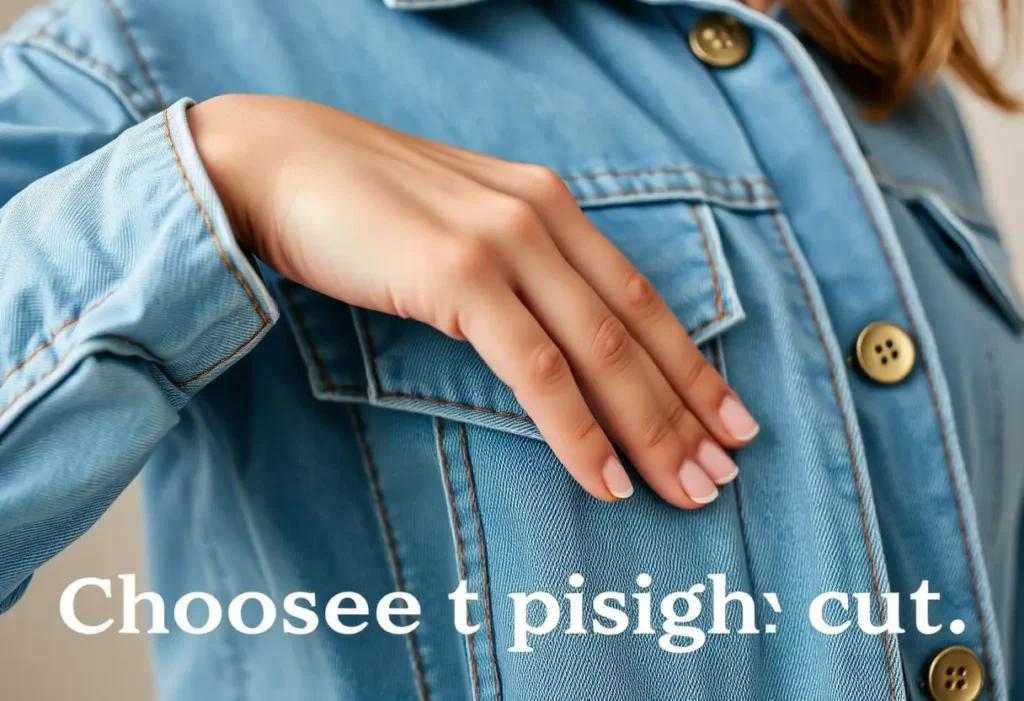 Une main féminine ajuste doucement un pli dans un blouson en jean, soulignant l'importance du choix du modèle.