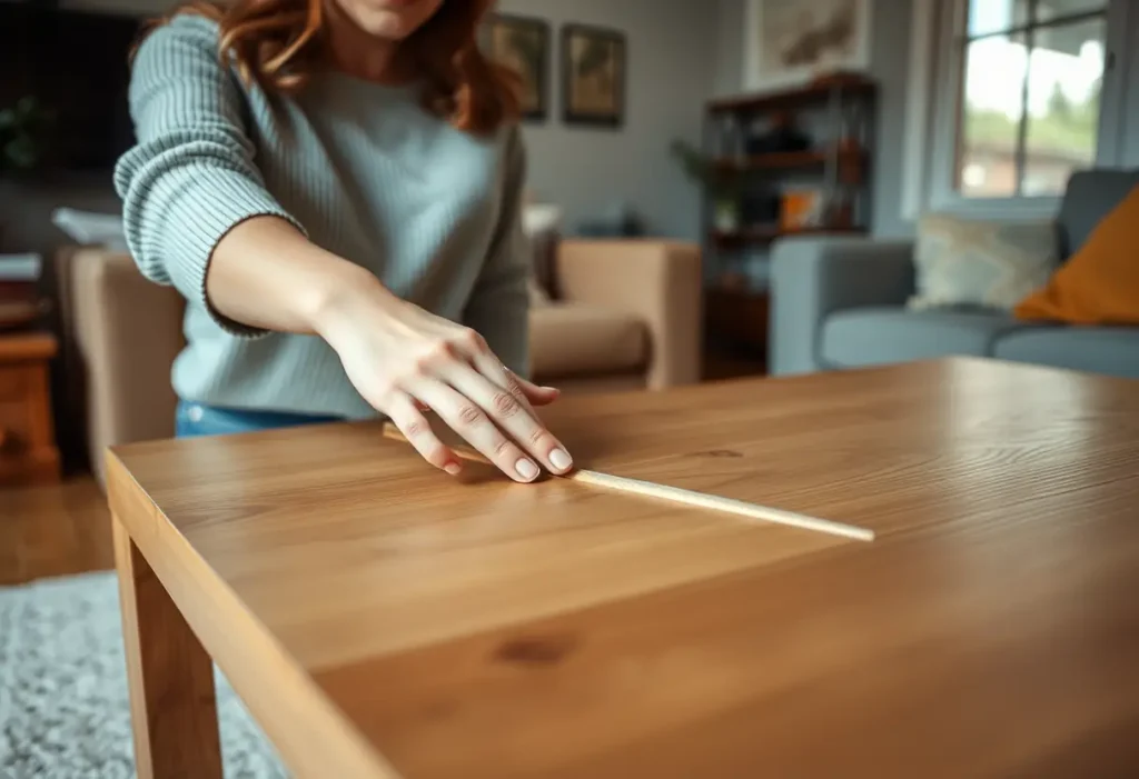 Une main lisse une ride sur une table en bois rectangulaire dans un salon accueillant