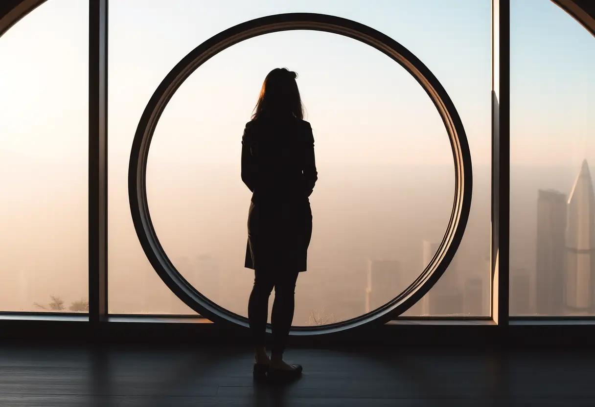 Un silhouetté regarde l'horizon par une grande fenêtre ronde durant l'après-midi