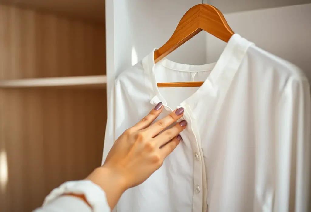 Une main féminine lisse les plis d'un chemisier en coton dans un placard