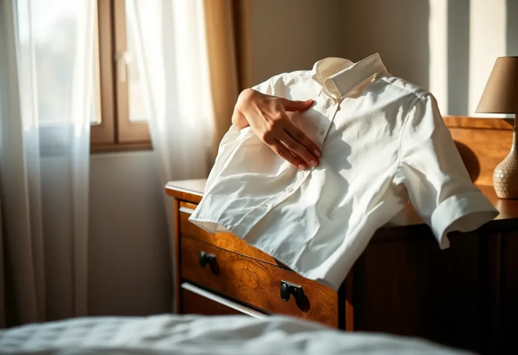 Une main féminine repasse délicatement un chemisier en coton sur une commode en chêne, éclairée par la lumière du matin