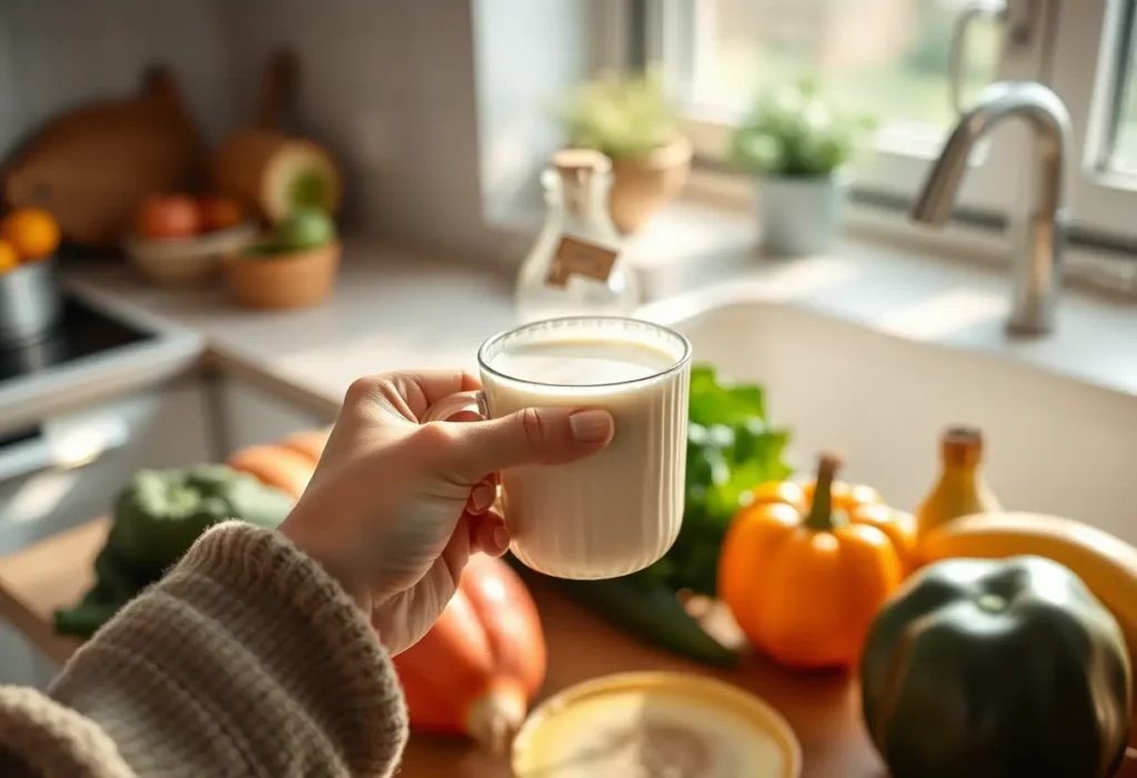 Une main féminine tient une tasse de lait de soja chaud, favorisant la croissance naturelle de la poitrine