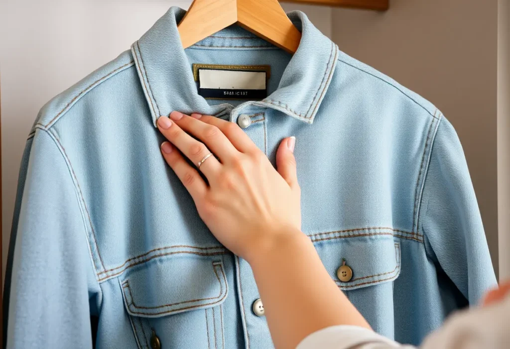 Une main lissant les plis d'un manteau en jean dans un placard