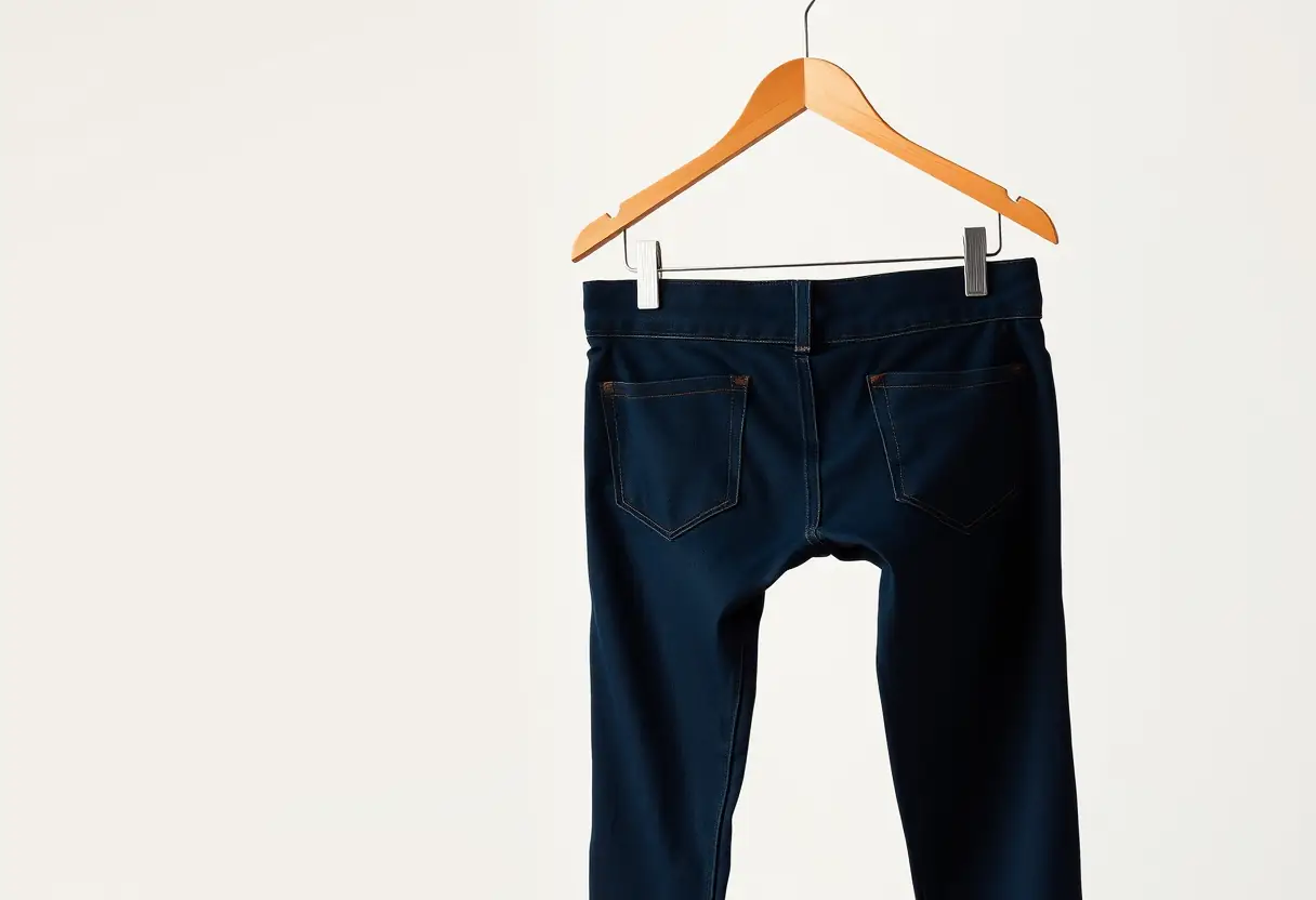 Un cintre en bois soutenant un pantalon bleu foncé bien ajusté mettant en valeur une silhouette équilibrée avec une taille marquée