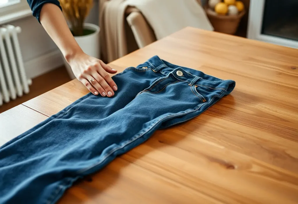 Une main féminine repasse des plis sur un jean flare posé sur une table en bois, dans un intérieur chaleureux.