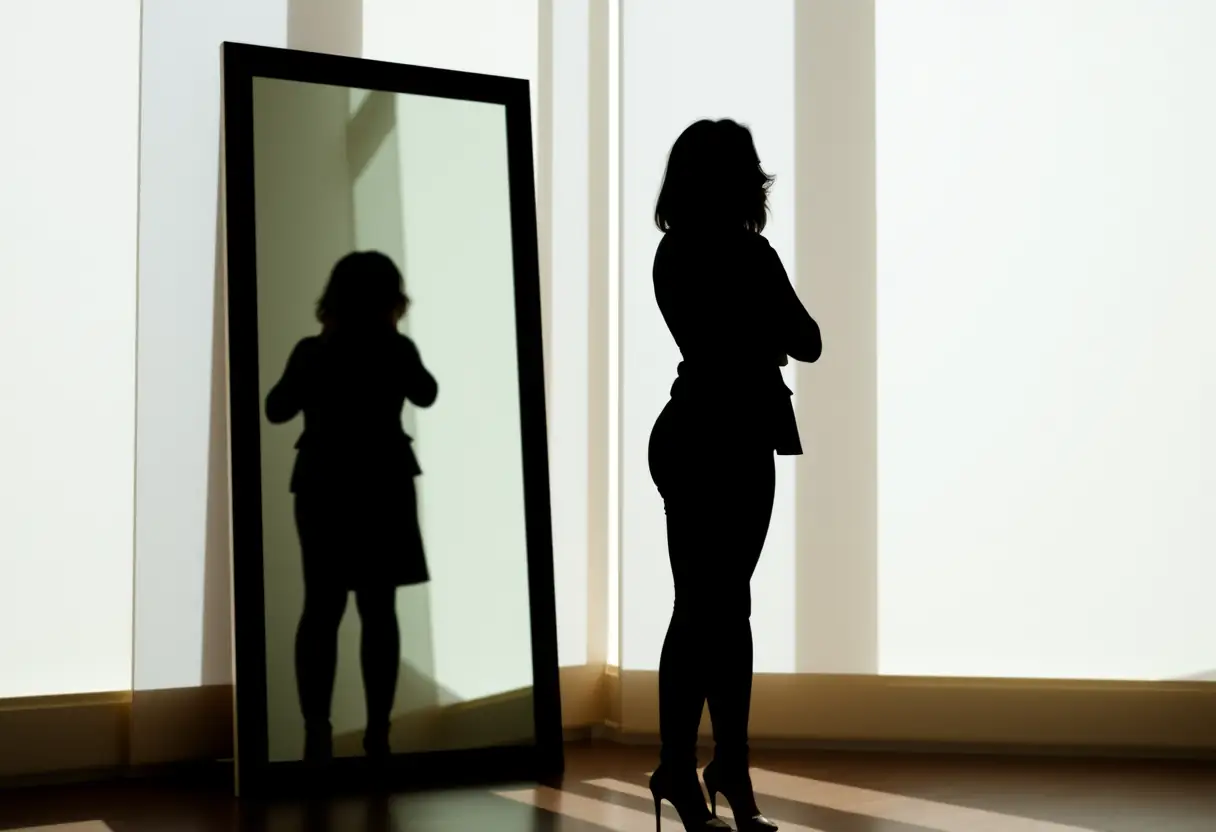 Un silhouette de femme se regardant dans un miroir pour ajuster sa tenue et mettre en valeur sa morphologie.
